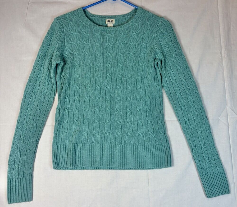 GH Bass Vintage LS Sweater Cable Knit Acrylic Aqua Turq Blue Green Women’s Small